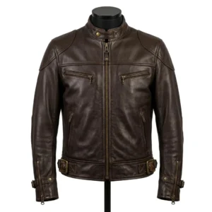 Mens Lambskin Classic Heritage Biker Jacket Dark Brown Vintage Buckles Leather Jacket