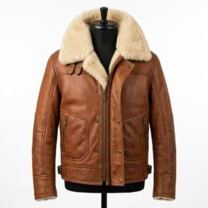 Mens Shearling Sheepskin Aviator Jacket Cognac Brown Oversized Fur Collar Heritage