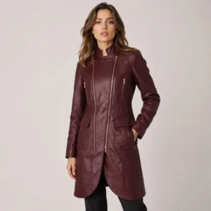 Handmade Womens Burgundy Leather Coat Embroidered Rose Long Lambskin Jacket
