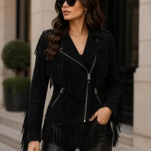 Womens Black Suede Leather Fringe Jacket Handmade Western Bohemian Style