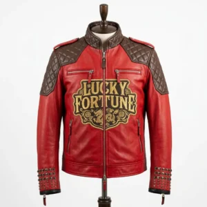 Men's Handmade Red Lambskin Leather Motorcycle Jacket with Embroidered Patches