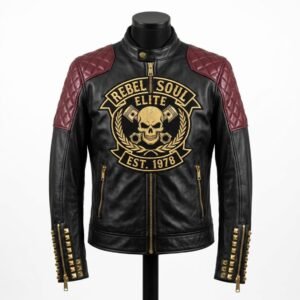 Men's Handmade Black Lambskin Leather Biker Jacket with Rebel Soul Embroidered Patch
