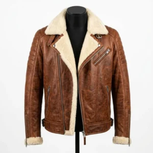 Luxury Shearling Leather Biker Jacket For Men Warm Cognac Brown Winter Leather Coat