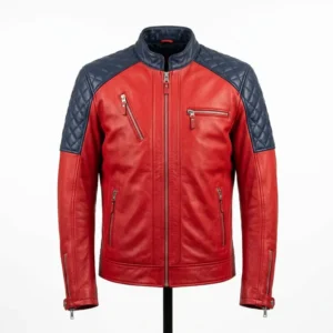 Handmade Red Navy Sheep Leather Jacket Quilted Shoulders Color Block Mens