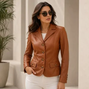 Handmade Womens Cognac Brown Sheep Leather Jacket Button Front Professional Style